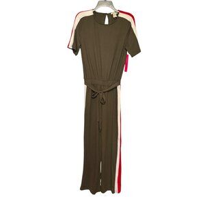 Shosho Jumpsuit Small Olive Green Red/White Side Stripes Elastic Waist Tie‎ Belt